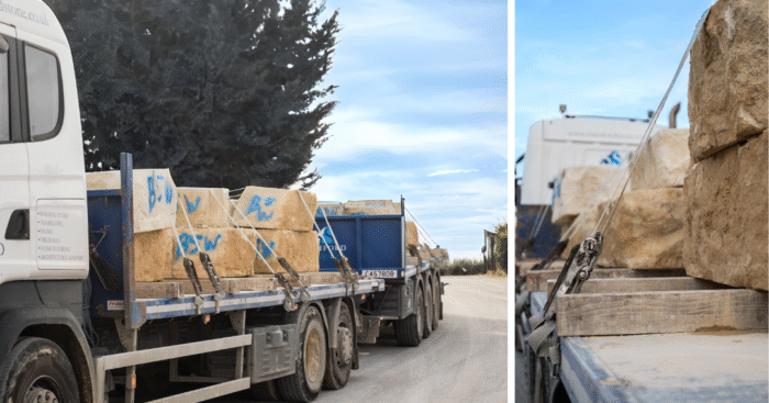 Lorry carrying large blocks of limestone.